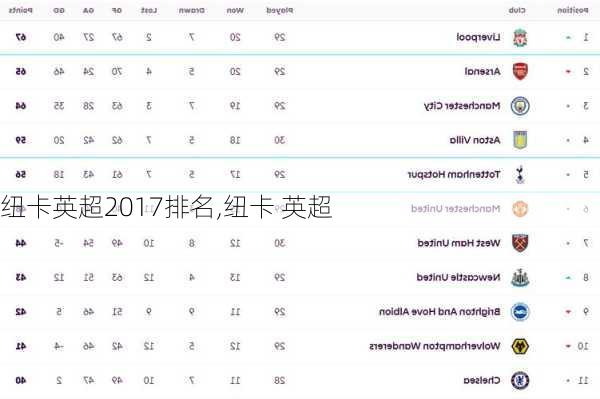 纽卡英超2017排名,纽卡 英超