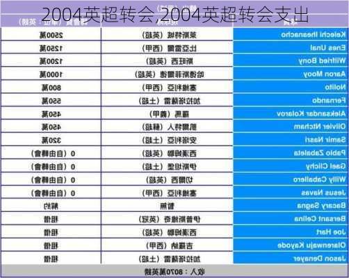 2004英超转会,2004英超转会支出