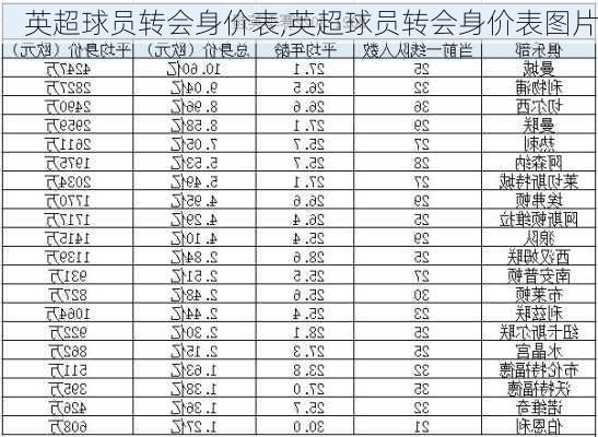 英超球员转会身价表,英超球员转会身价表图片